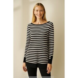 PER SE SWEATER L STRIPED VEGAN LEATHER DETAIL EYELET CASUAL OFFICE PREP